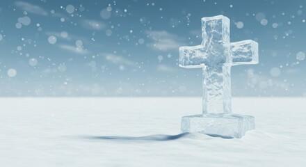 Frozen faith, An ice cross stands against a snowy winter background