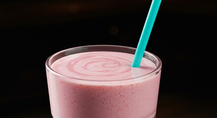 Close-up of a strawberry milkshake served in a glass with a blue straw on a black background