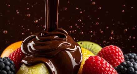Decadent dark chocolate cascade gracefully over fresh assorted fruits