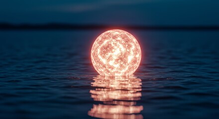 Glowing orb resting on serene waters reflecting its warm light at night
