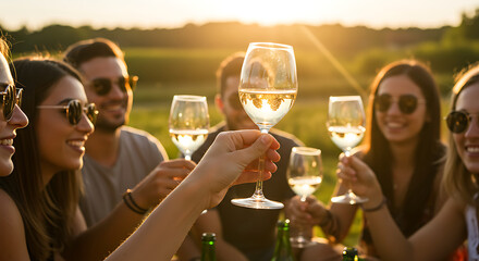 Friends enjoying white wine at sunset picnic