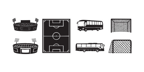 Obraz premium Vector silhouettes of football field layouts, goals, benches, scoreboard, and team bus