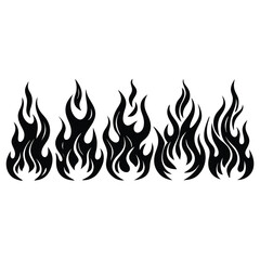 Row of Five Stylized Flames in Black Silhouette on White Background for Fire Safety and Graphic Design Projects and Creative Concepts