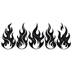 Five Black Flames with Detailed Hatching on a White Background Ideal for Tattoo Designs and Graphic Elements Isolated on White