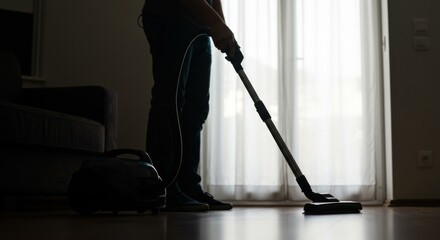 Fototapeta premium Silhouette of person vacuuming a hardwood floor with a vacuum cleaner at home creating a clean and tidy living space
