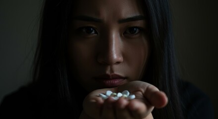Naklejka premium Troubled woman stares with pills in hand depicting mental health struggles