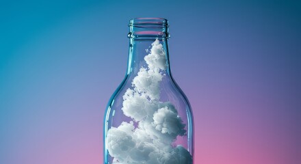 Dreamy confinement, Capturing ethereal clouds within a glass bottle illuminated by neon gradients