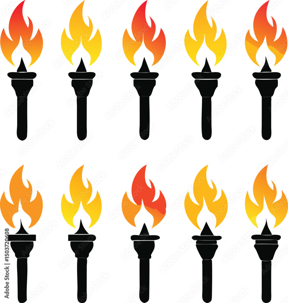 Poster collection of ten torch icons with varying flame colors and handle designs on a white background sym