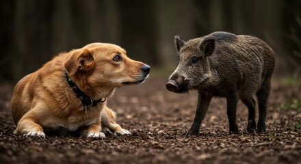 Fototapeta premium A Curious Encounter, A Dog and a Wild Boar Meet in the Forest's Depth