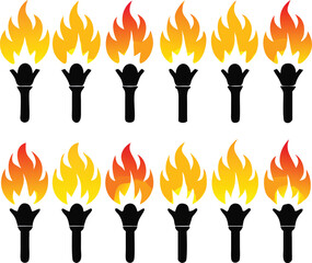 Rows of Torch Icons with Flames in Yellow and Orange Colors Isolated on White Background Vector Illustration for Decoration