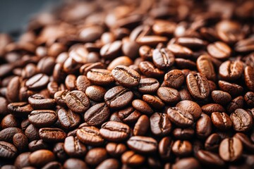 Close-up of freshly roasted coffee beans in various shades of brown, showcasing their rich textures under dramatic lighting in a rustic setting.