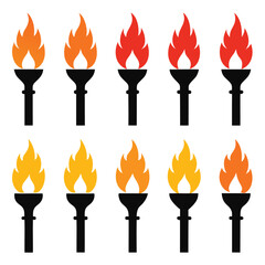 Collection of Torch Icons with Flames in Varying Colors Symbolizing Inspiration Passion and Victory on a Clean White Background