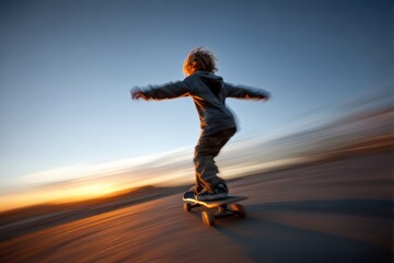 Silhouette of a young boy skateboarding at sunset, capturing the essence of freedom and movement with a stunning backdrop of vibrant orange and blue sky.