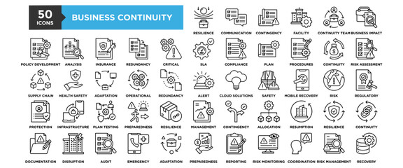 50 Business Continuity Planning icon set. Containing design Business Resilience, Communication Plan, Contingency Plan, Facility Management , Business Continuity Team	
