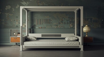 Retro Canopy Bed with Bedside Tables and Decorative Wall Design