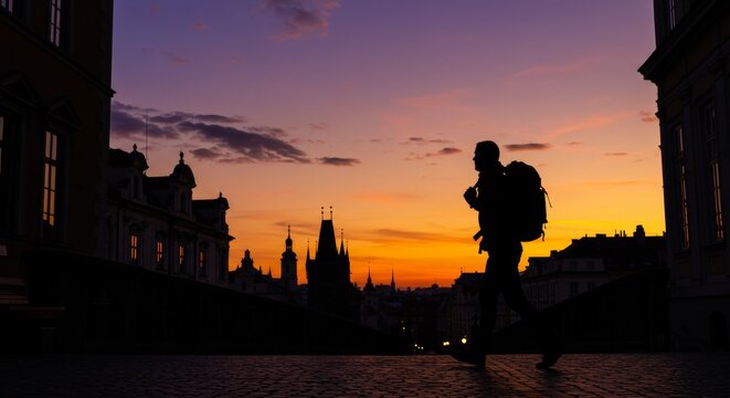 Silhouette of a traveler with backpack walking in Prague at sunset, capturing the beauty of urban exploration and european travel experience