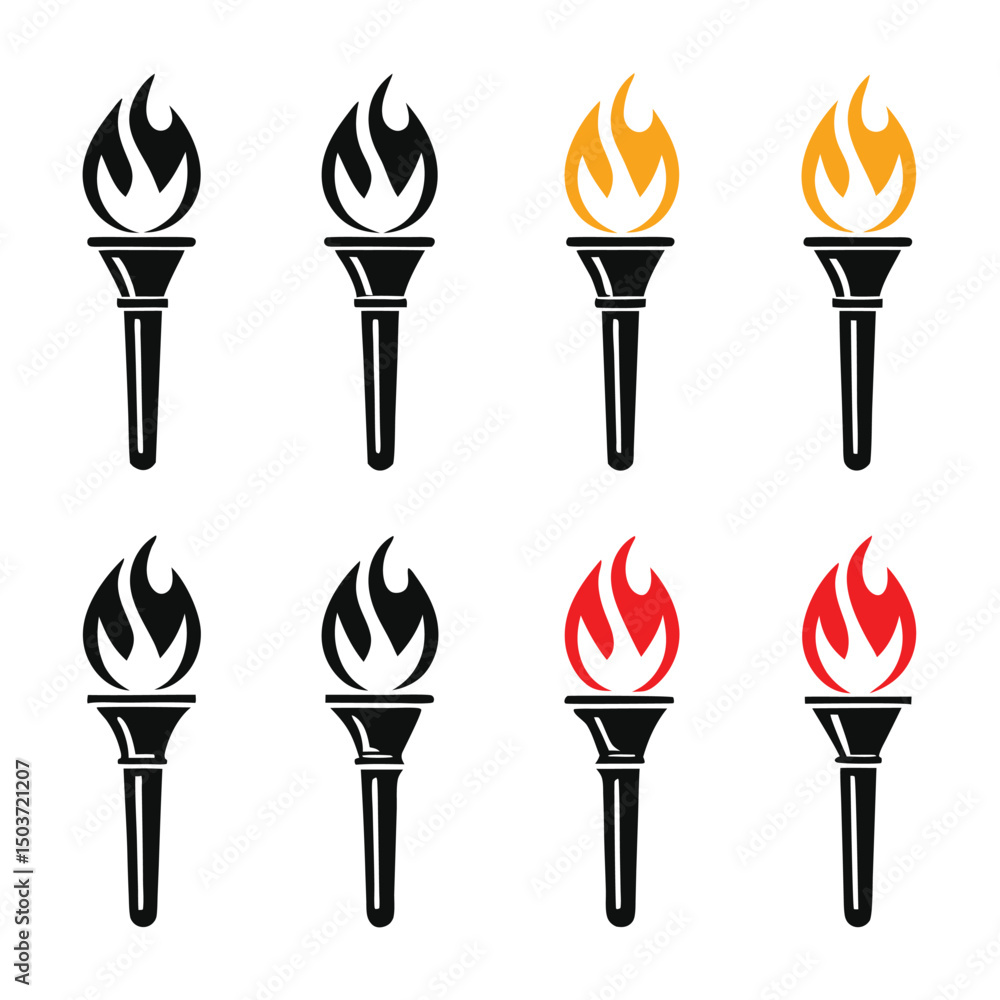 Poster set of torch icons with flames in black red and yellow colors isolated on a white background for gra