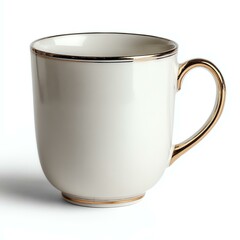 isolated white A close-up view of an elegant white mug with a thin gold rim, perfect for serving hot beverages. Ideal for coffee, tea, or decorative purposes.