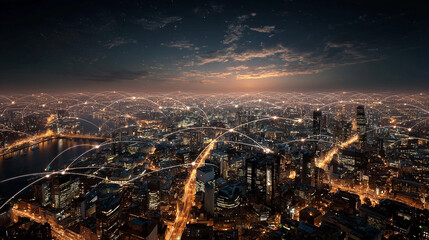 City skyline illuminated at night with network connections visible