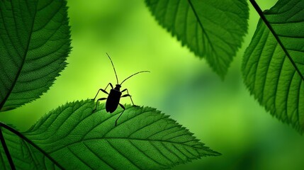 Fototapeta premium Backlit Leaf Scene with Bug Silhouette