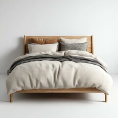 isolated white A modern and minimalist bedroom featuring a cozy bed with soft bedding and elegant pillows, creating a serene and inviting atmosphere.