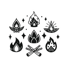 Monochrome Vector Illustration of Various Fire and Bonfire Designs with Sparkles Ideal for Camping Outdoor Activities and Spiritual or Mystical Themes