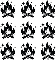 Set of Nine Bonfire Icons with Fire and Wood Logs in Black and White Silhouette Style for Camping and Outdoor Activities