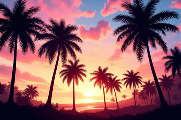 Obraz premium palm trees silhouetted against a colorful sunset sky