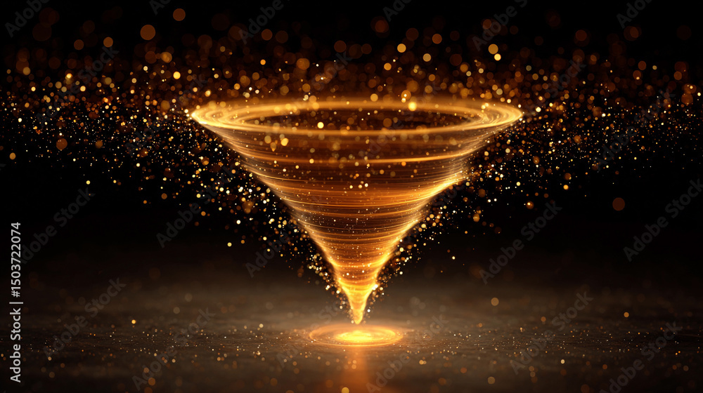 Poster golden vortex swirling with sparkling particles in dark setting