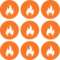 Nine Orange Circles with White Fire Flames Arranged in a Grid Pattern on a Clean White Background