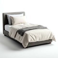 Obraz premium isolated white A stylish modern bed designed for comfort, featuring soft pillows and a cozy duvet, perfect for creating a relaxing bedroom atmosphere.
