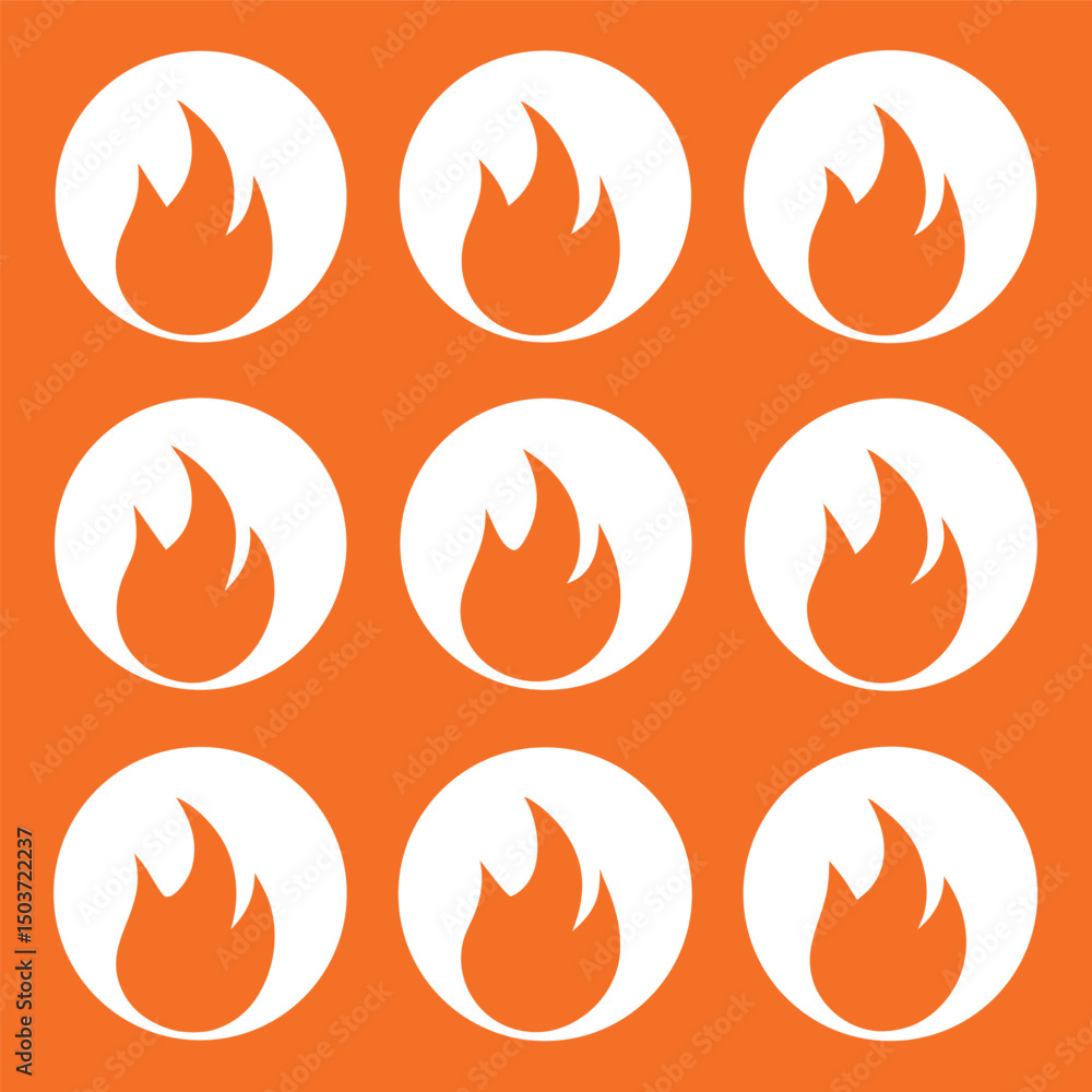 Poster nine white circles with orange flame icons on an orange background creating a pattern design for var