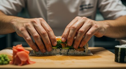 Obraz premium Close-Up of a Chef Expertly Rolling Sushi with Precision and Care in a Professional Kitchen Environment