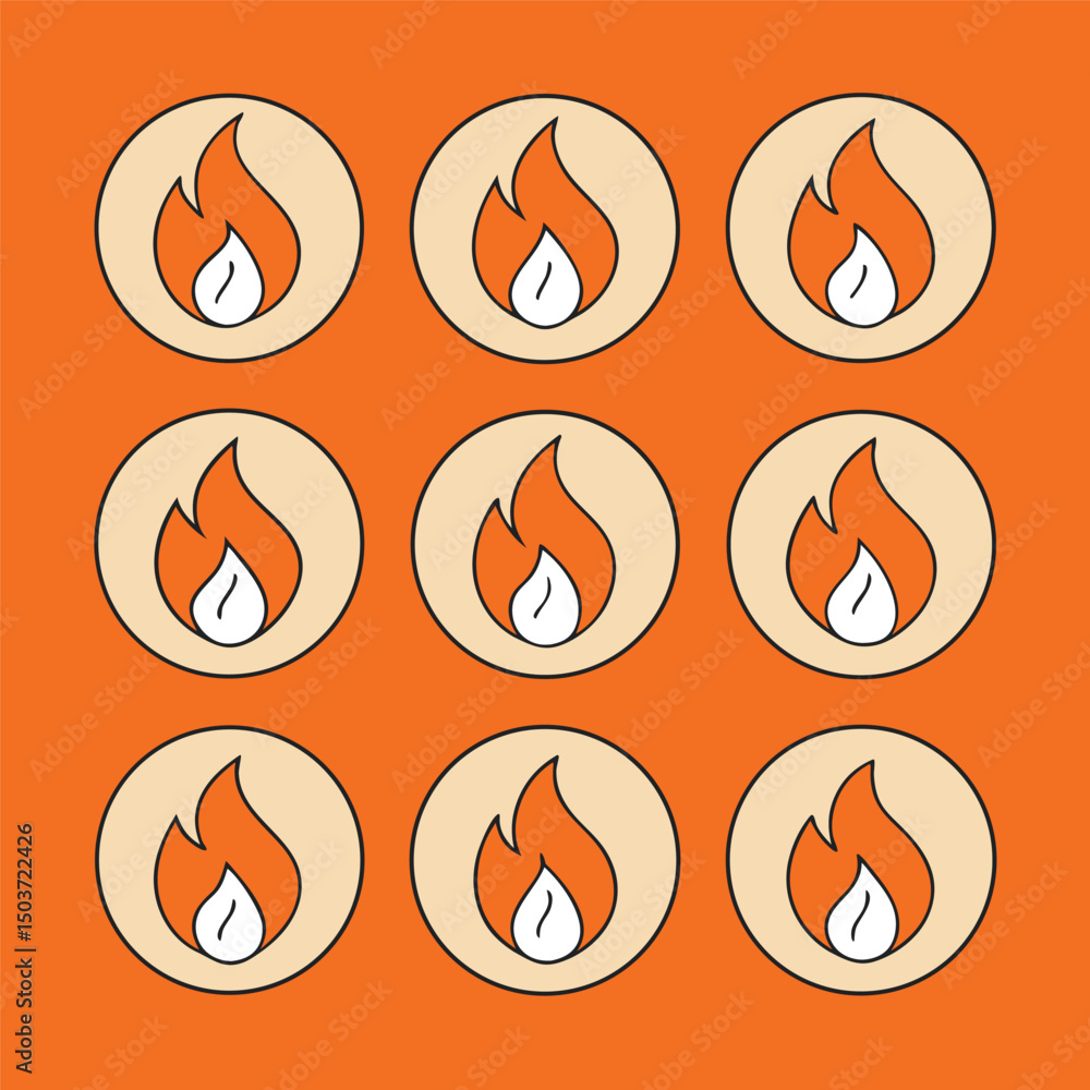 Poster nine fire icons in a grid pattern with orange background and beige circles with black outlines for a