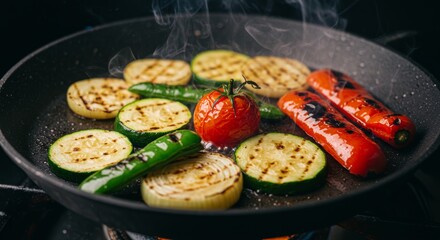 Colorful Assortment of Grilled Vegetables Sizzling in a Pan with Smoke