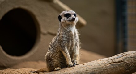Fototapeta premium Alert meerkat perched on a branch surveying its territory in detail