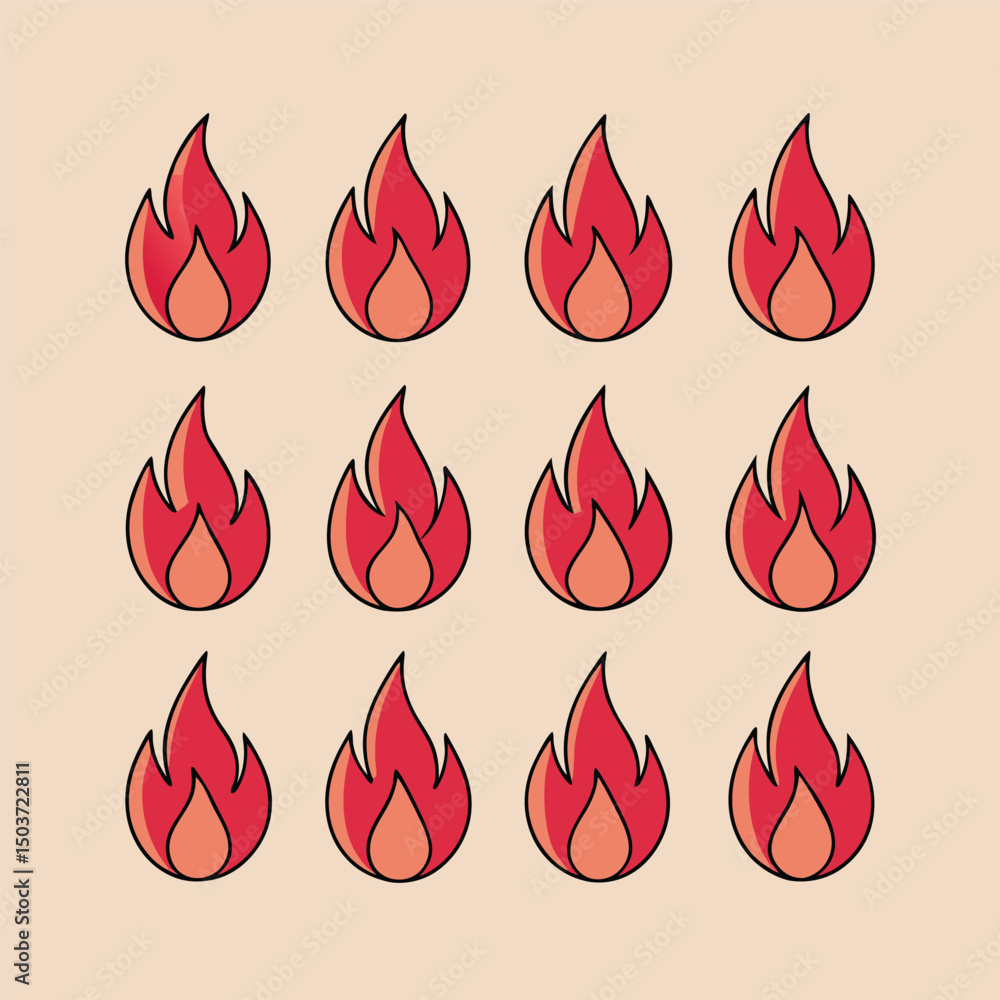 Poster twelve cartoon flames arranged in a grid pattern on a light beige background featuring red and orang