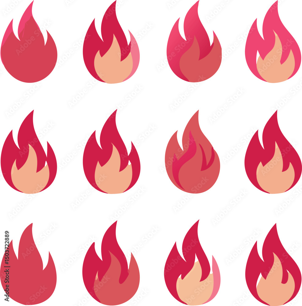 Aufkleber twelve stylized flames in a three by four grid pattern on a white background with varying colors