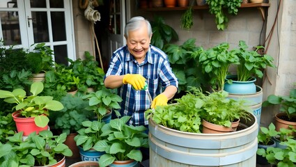Sustainable Living at Home: Seniors Tending Organic Garden with Recycled Tools
