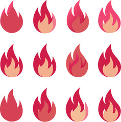 Twelve Stylized Flames in a Three by Four Grid Pattern on a White Background with Varying Colors