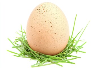 Brown egg nestled in a bed of green grass