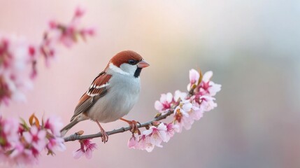 A Delightful Sparrow Perched Amidst the Springtime Blossom Branches