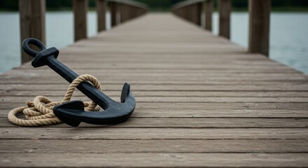 Fototapeta premium Zwietrzała kotwica z liną spoczywająca na drewnianym pomoście sięgającym spokojnej wody