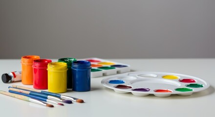 Vibrant acrylic paints and brushes create an artistic workspace atmosphere