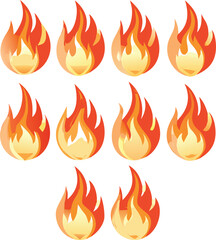 Collection of Stylized Fire Icons with Orange and Yellow Flames on a Clean White Background for Graphic Design Projects