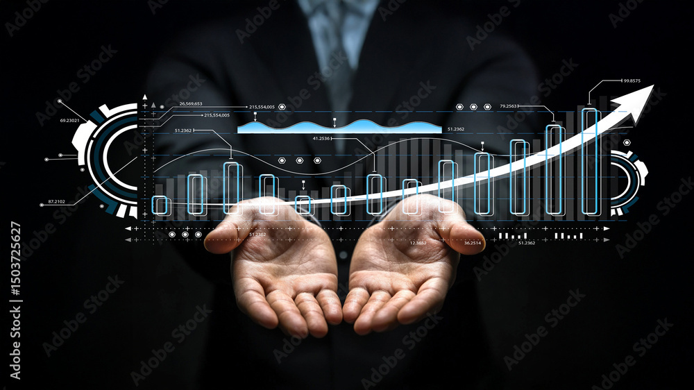Poster businessman presenting digital graph with growth metrics and data visualization on hands against bla