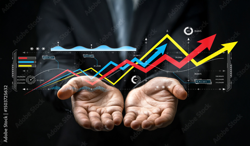 Poster hands presenting dynamic digital graphs representing financial growth, success, and data analysis in