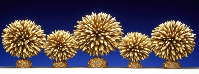Gold decorative spheres, resembling stylized trees or flowers, on a dark blue background