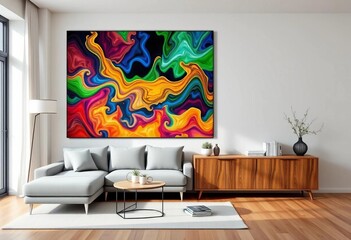 Modern living room, wooden cupboard beside sofa, large artwork, sofa, style