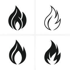Four Different Black and White Fire Flame Icons Set on a White Background for Graphic Design and Symbolism Purposes